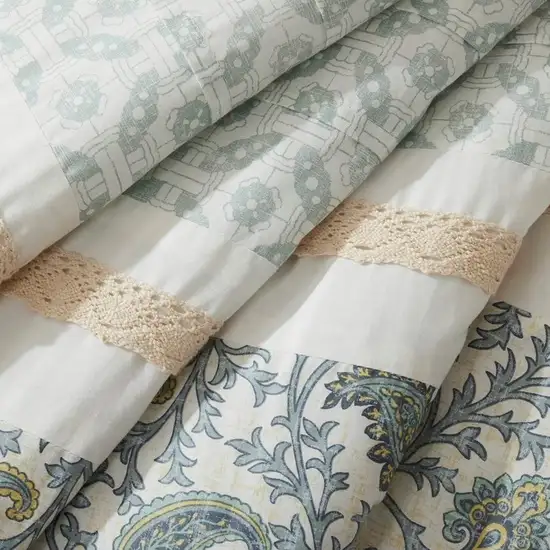 Set of Nine Aqua And Ivory Paisley King Ring Stitch Polyester Sham And Comforter Photo 8