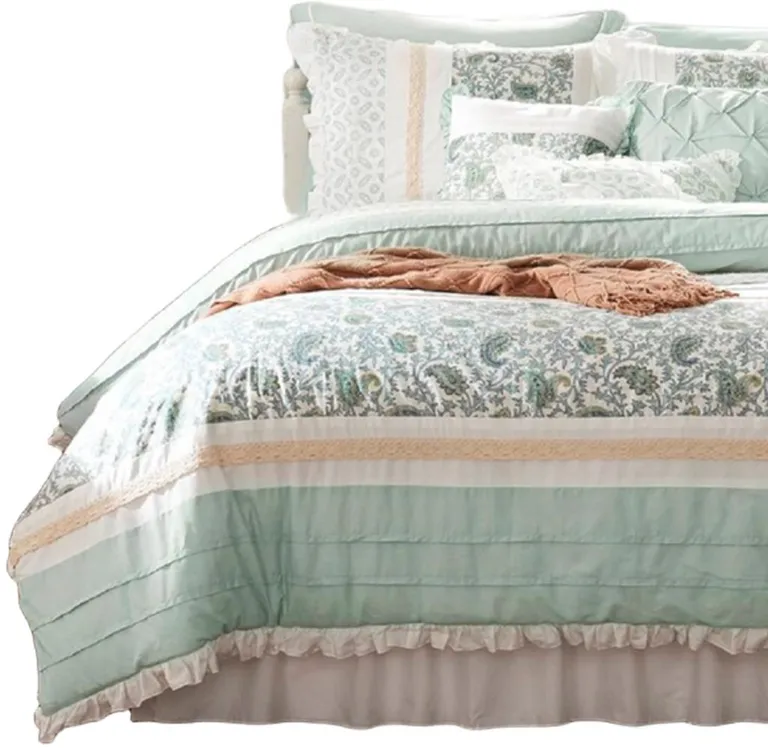 Set of Nine Aqua And Ivory Paisley King Ring Stitch Polyester Sham And Comforter Photo 3
