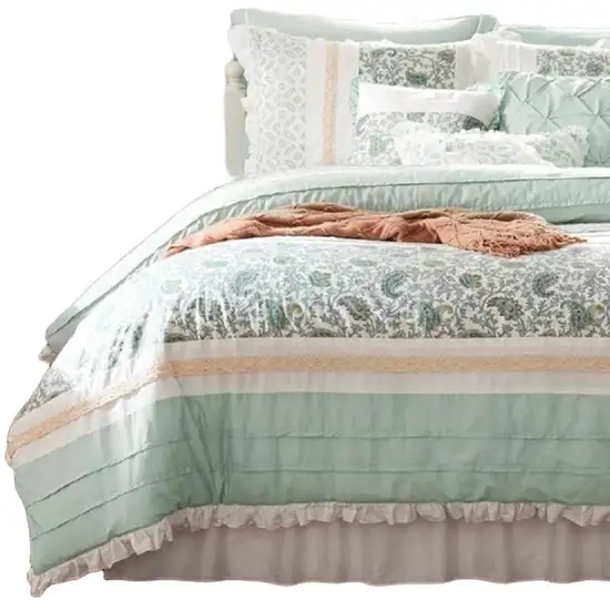 Set of Nine Aqua And Ivory Paisley King Ring Stitch Polyester Sham And Comforter Photo 3