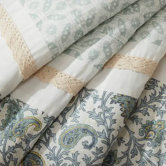 Set of Nine Aqua And Ivory Paisley King Ring Stitch Polyester Sham And Comforter Photo 5