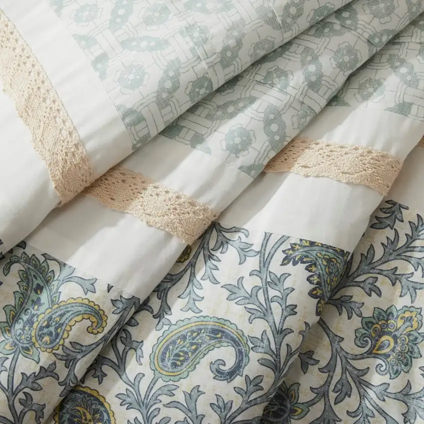 Set of Nine Aqua And Ivory Paisley King Ring Stitch Polyester Sham And Comforter Photo 5