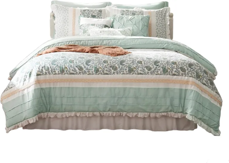 Set of Nine Aqua And Ivory Paisley King Ring Stitch Polyester Sham And Comforter Photo 1