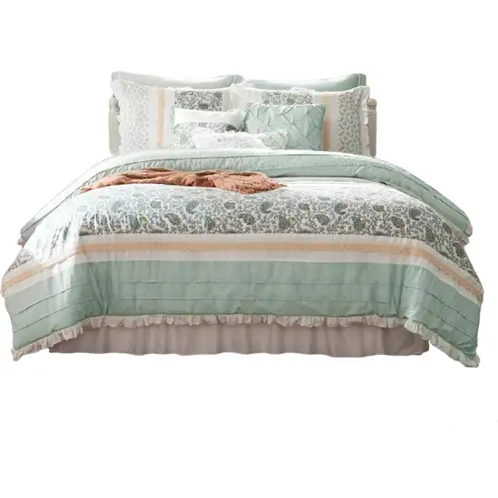 Set of Nine Aqua And Ivory Paisley King Ring Stitch Polyester Sham And Comforter Photo 1