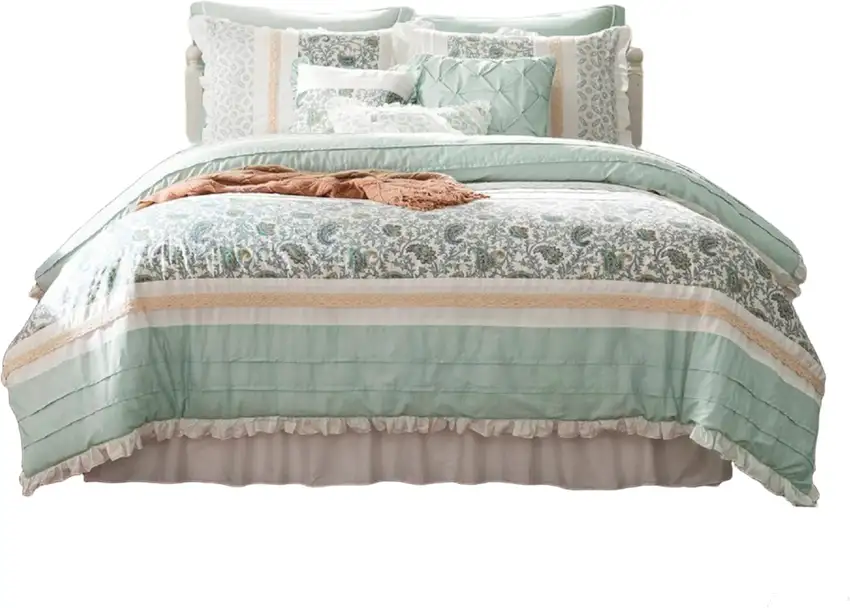 Set of Nine Aqua And Ivory Paisley King Ring Stitch Polyester Sham And Comforter Photo 1