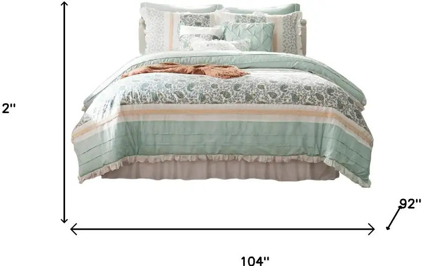 Set of Nine Aqua And Ivory Paisley King Ring Stitch Polyester Sham And Comforter Photo 6