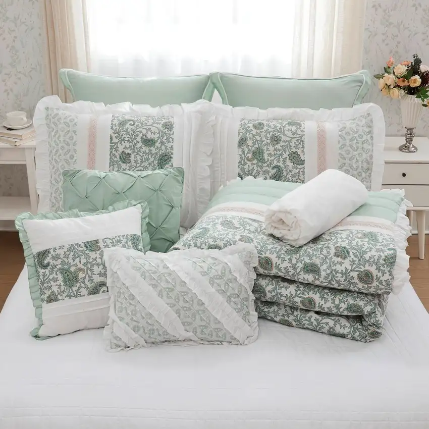 Set of Nine Aqua And Ivory Paisley King Ring Stitch Polyester Sham And Comforter Photo 6