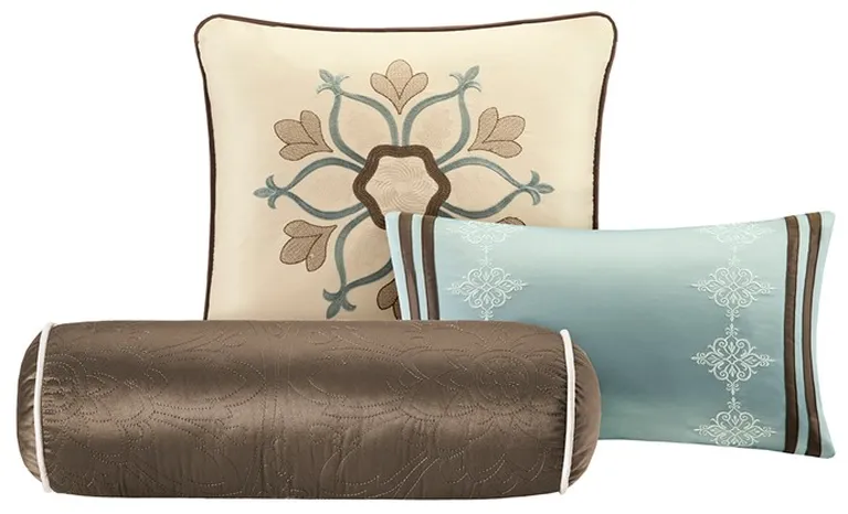 Set of Nine Ivory And Light Blue Medallion  Ring Stitch Polyester Sham And Comforter Photo 2