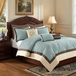 Photo of Set of Nine Ivory And Light Blue Medallion  Ring Stitch Polyester Sham And Comforter