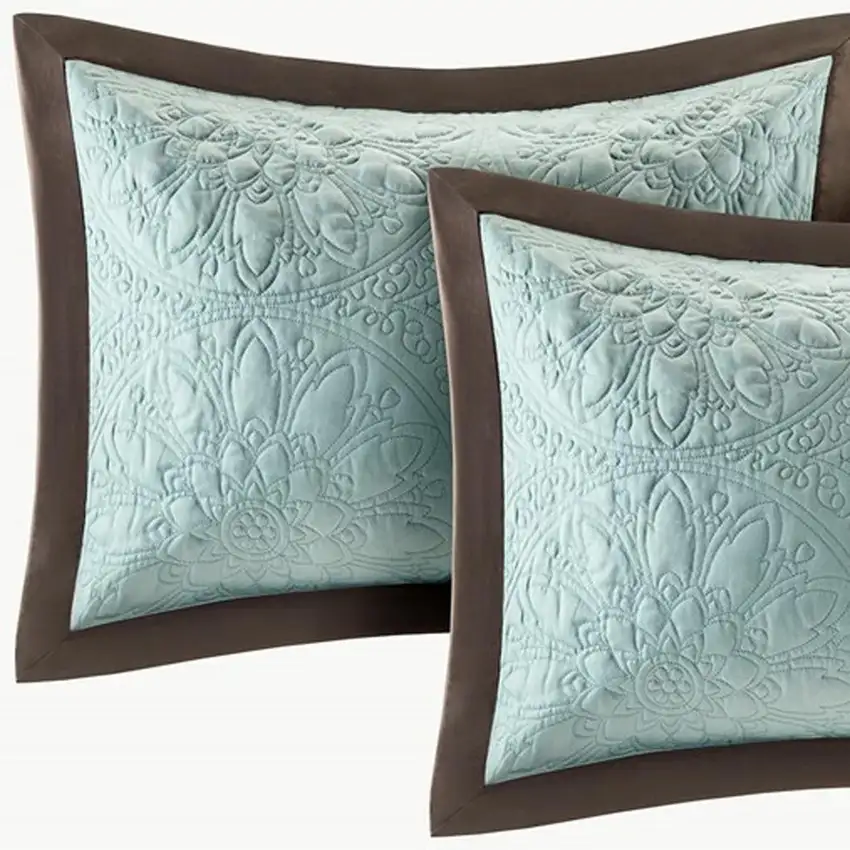 Set of Nine Ivory And Light Blue Medallion King Ring Stitch Polyester Sham And Comforter Photo 5