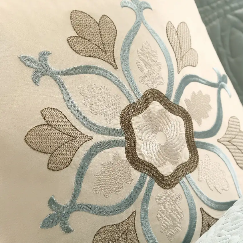 Set of Nine Ivory And Light Blue Medallion King Ring Stitch Polyester Sham And Comforter Photo 9