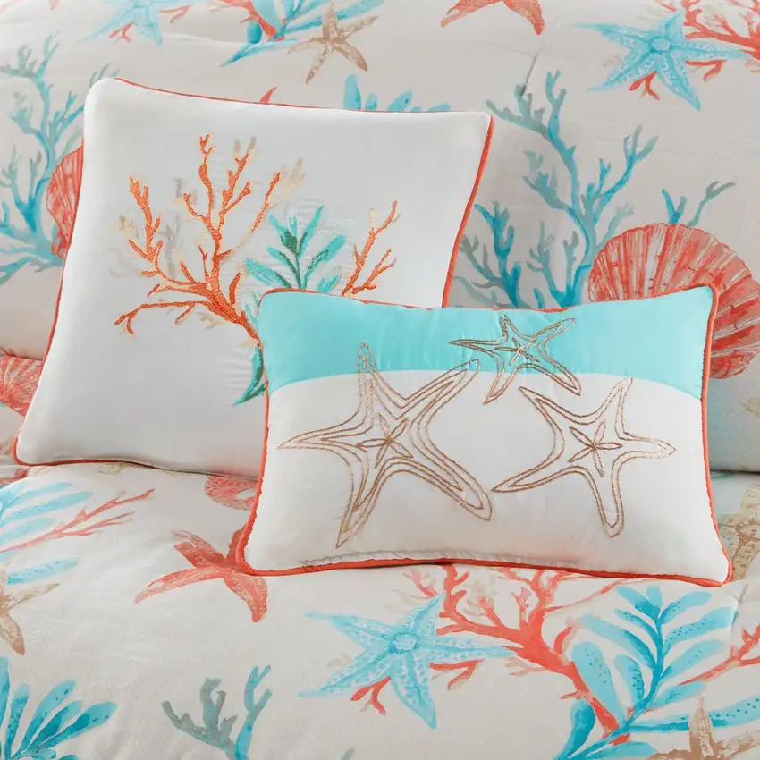 Set of Seven Aqua And Coral King Ring Stitch Sham And Comforter Photo 8