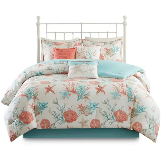 Set of Seven Aqua And Coral  Ring Stitch Sham And Comforter Photo 1