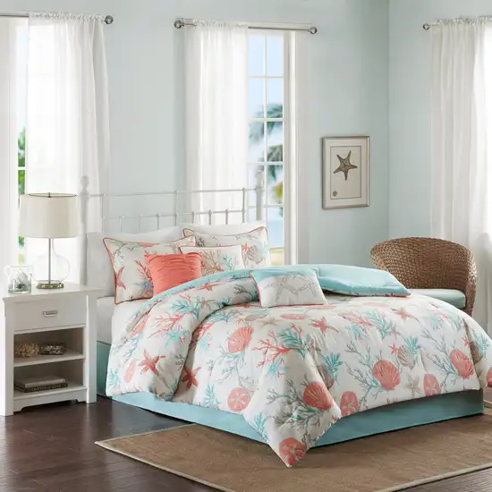 Set of Seven Aqua And Coral  Ring Stitch Sham And Comforter Photo 9
