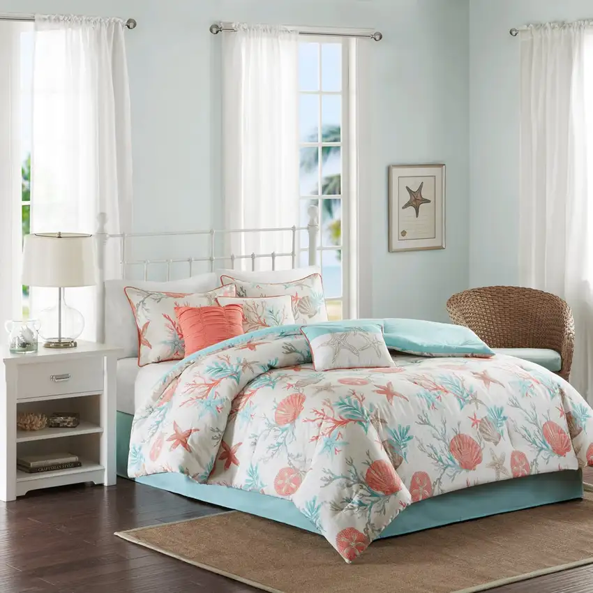 Set of Seven Aqua And Coral  Ring Stitch Sham And Comforter Photo 9