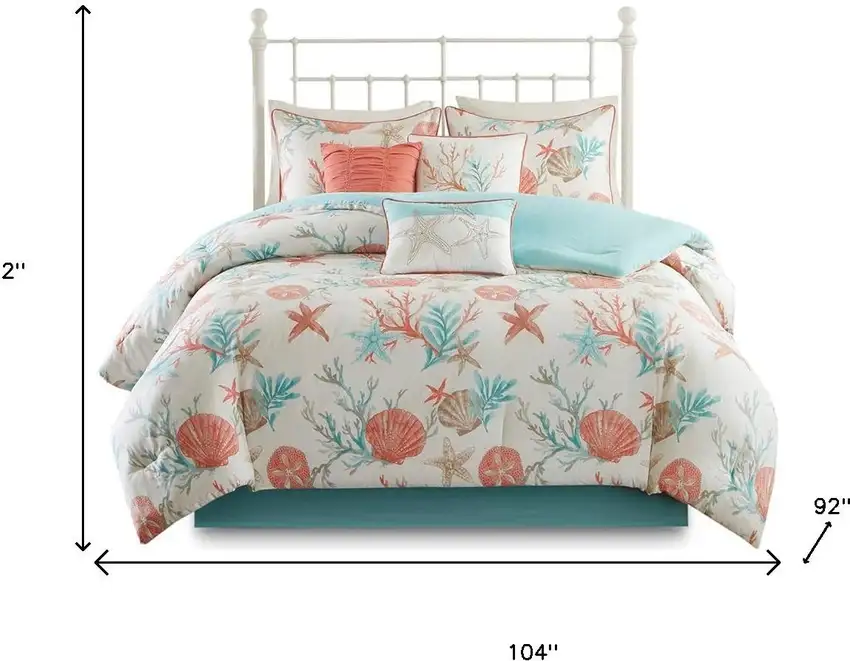 Set of Seven Aqua And Coral King Ring Stitch Sham And Comforter Photo 9