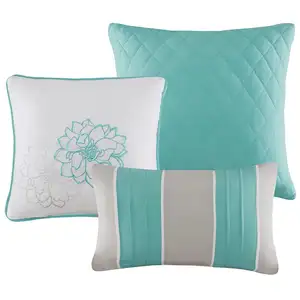 Photo of Set of Seven Aqua And White Floral  Ring Stitch Sham And Comforter