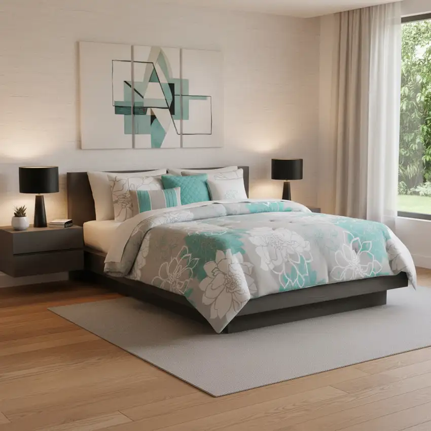 Set of Seven Aqua And White Floral King Ring Stitch Sham And Comforter Photo 1