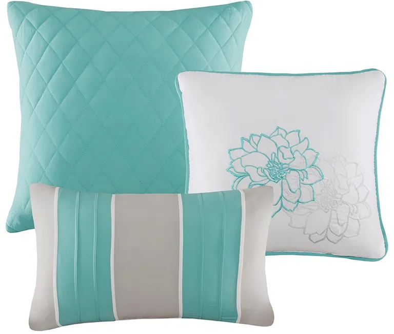 Set of Seven Aqua And White Floral  Ring Stitch Sham And Comforter Photo 2