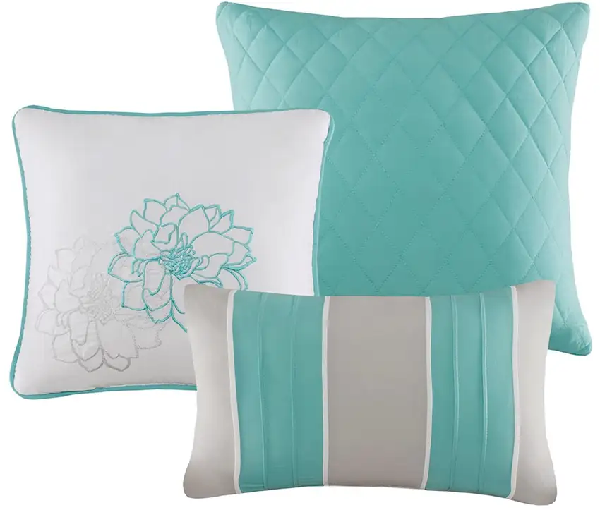 Set of Seven Aqua And White Floral King Ring Stitch Sham And Comforter Photo 3