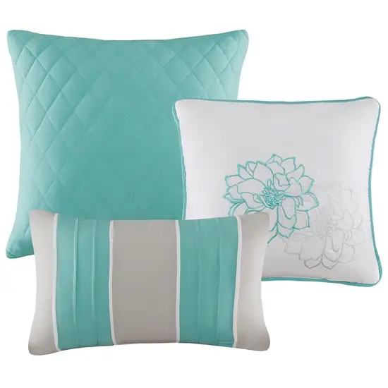 Set of Seven Aqua And White Floral King Ring Stitch Sham And Comforter Photo 2