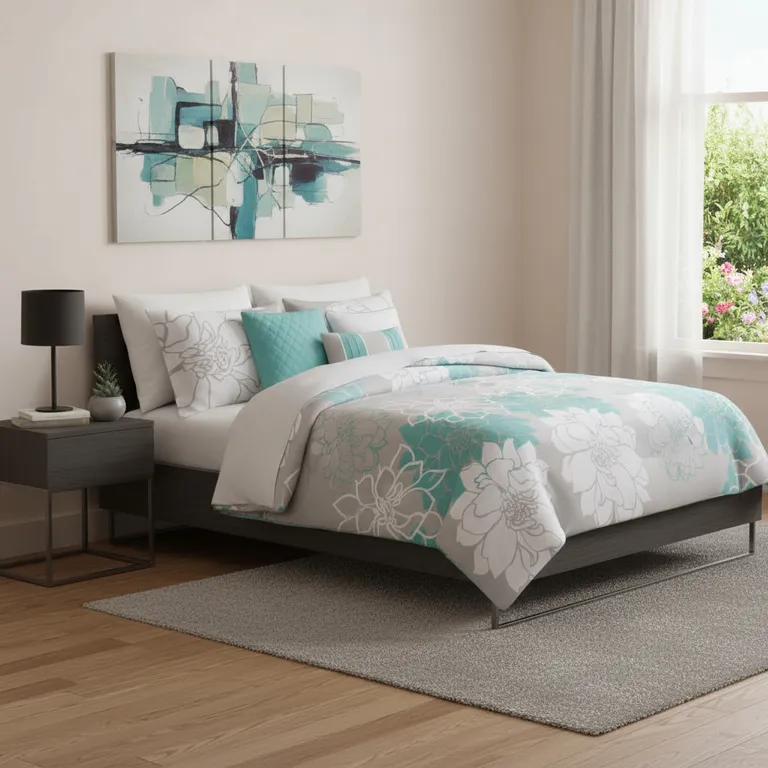 Set of Seven Aqua And White Floral  Ring Stitch Sham And Comforter Photo 1