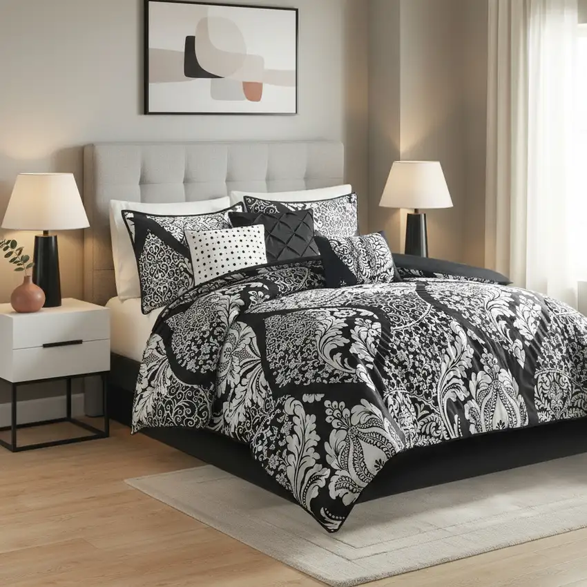 Set of Seven Black And White Damask King Ring Stitch Polyester Sham And Comforter Photo 1