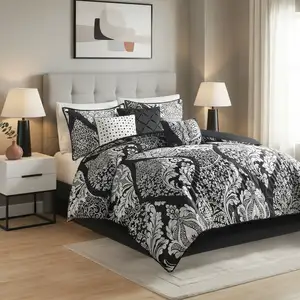 Photo of Set of Seven Black And White Damask  Ring Stitch Polyester Sham And Comforter