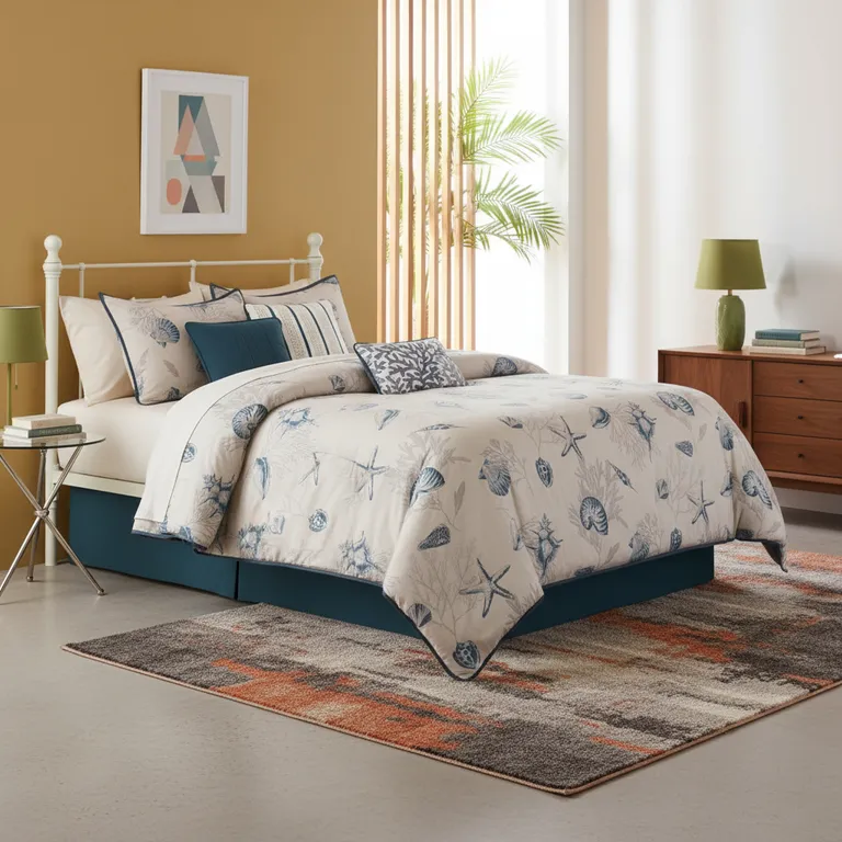 Set of Seven Blue And Ivory  Ring Stitch Sham And Comforter Photo 1