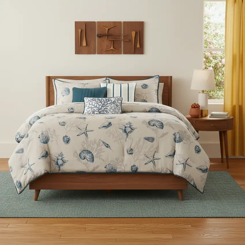 Set of Seven Blue And Ivory  Ring Stitch Sham And Comforter Photo 2