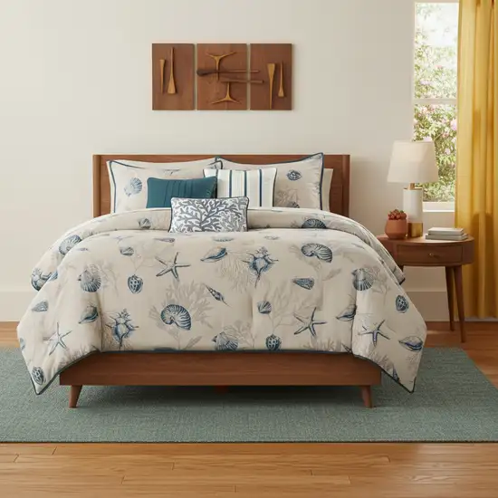 Set of Seven Blue And Ivory King Ring Stitch Sham And Comforter Photo 2