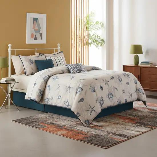 Set of Seven Blue And Ivory King Ring Stitch Sham And Comforter Photo 1