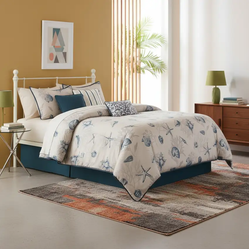 Set of Seven Blue And Ivory King Ring Stitch Sham And Comforter Photo 1