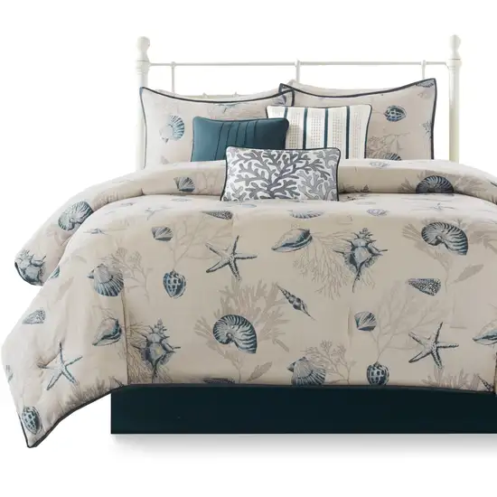 Set of Seven Blue And Ivory Queen Ring Stitch Sham And Comforter Photo 4