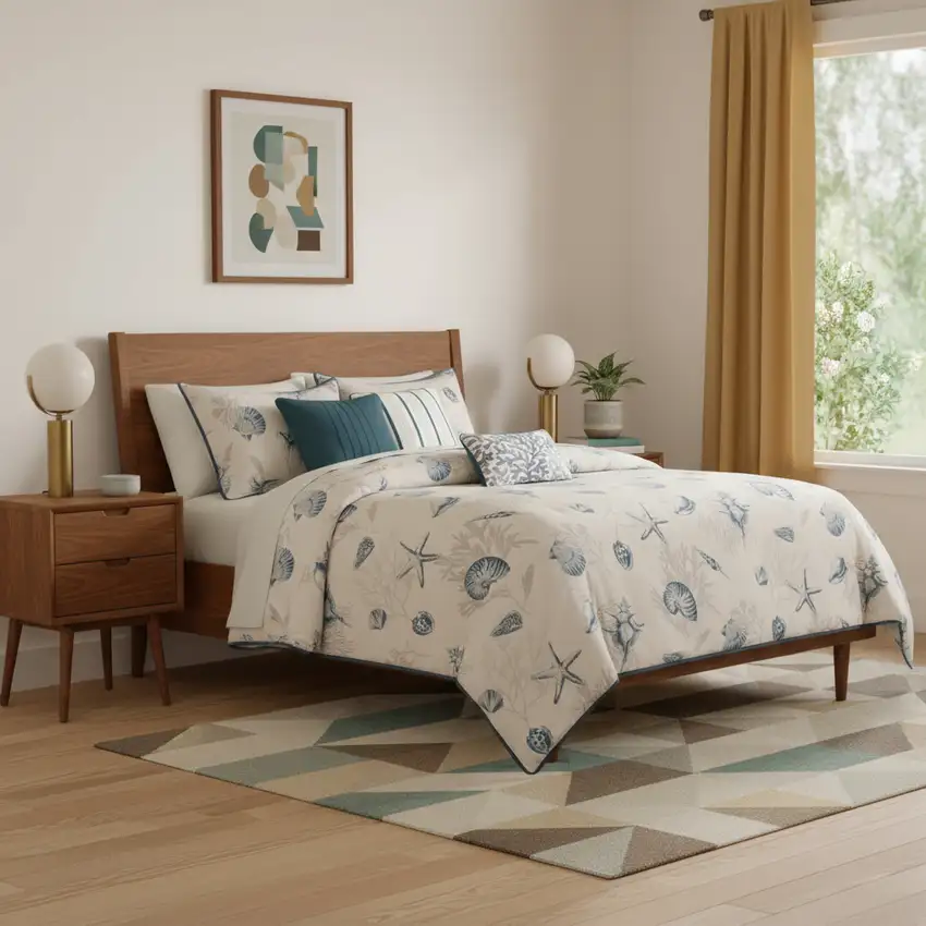 Set of Seven Blue And Ivory  Ring Stitch Sham And Comforter Photo 1