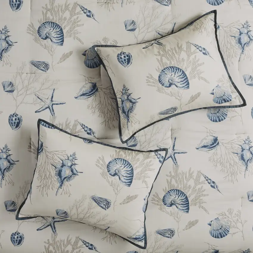 Set of Seven Blue And Ivory Queen Ring Stitch Sham And Comforter Photo 7