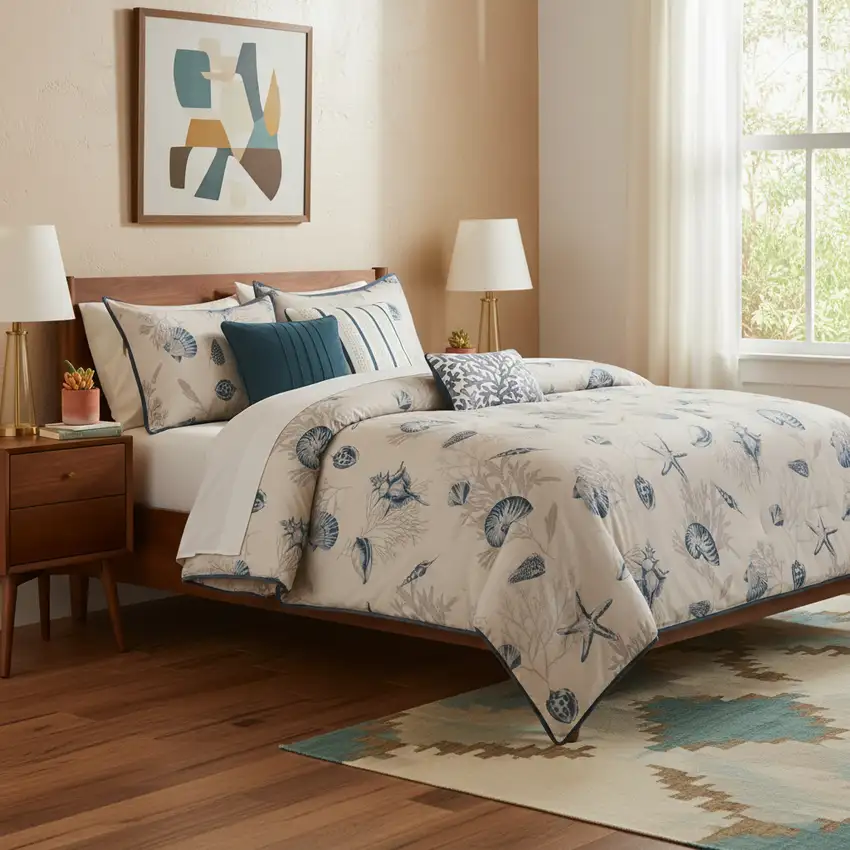 Set of Seven Blue And Ivory Shells and Starfish King Ring Stitch Comforter And Sham Photo 1