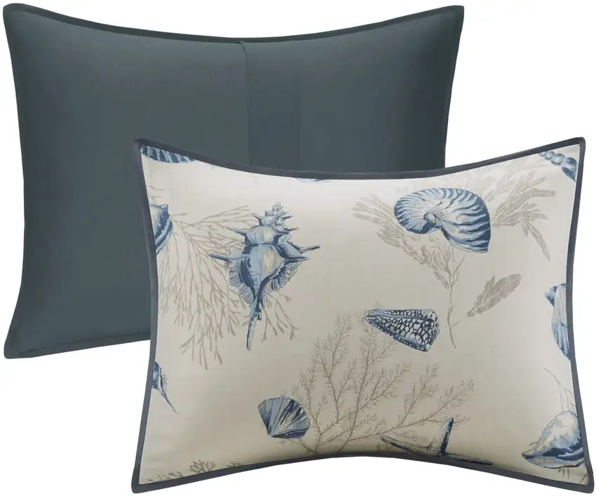 Set of Seven Blue And Ivory Shells and Starfish King Ring Stitch Comforter And Sham Photo 2