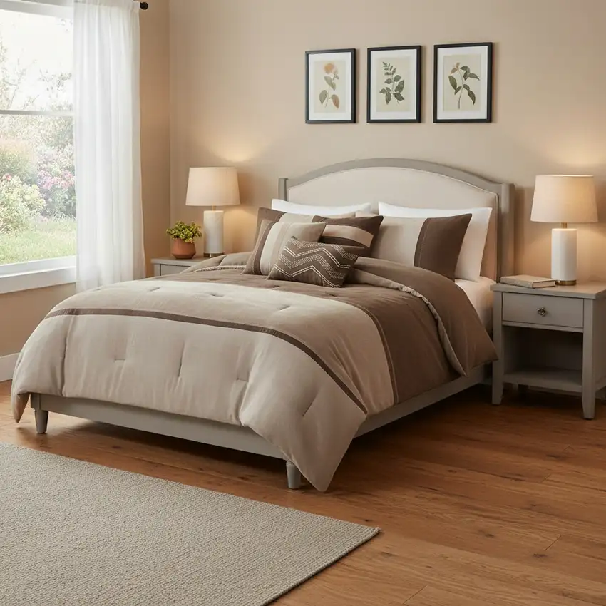 Set of Seven Brown  Ring Stitch Polyester Sham And Comforter Photo 1