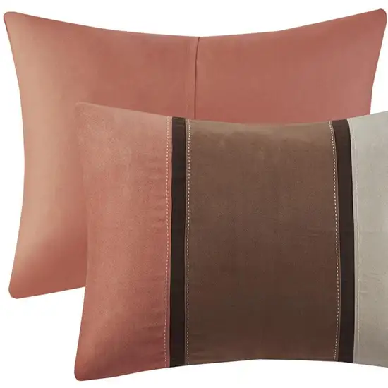 Set of Seven Coral And Brown Striped King Ring Stitch Polyester Sham And Comforter Photo 7