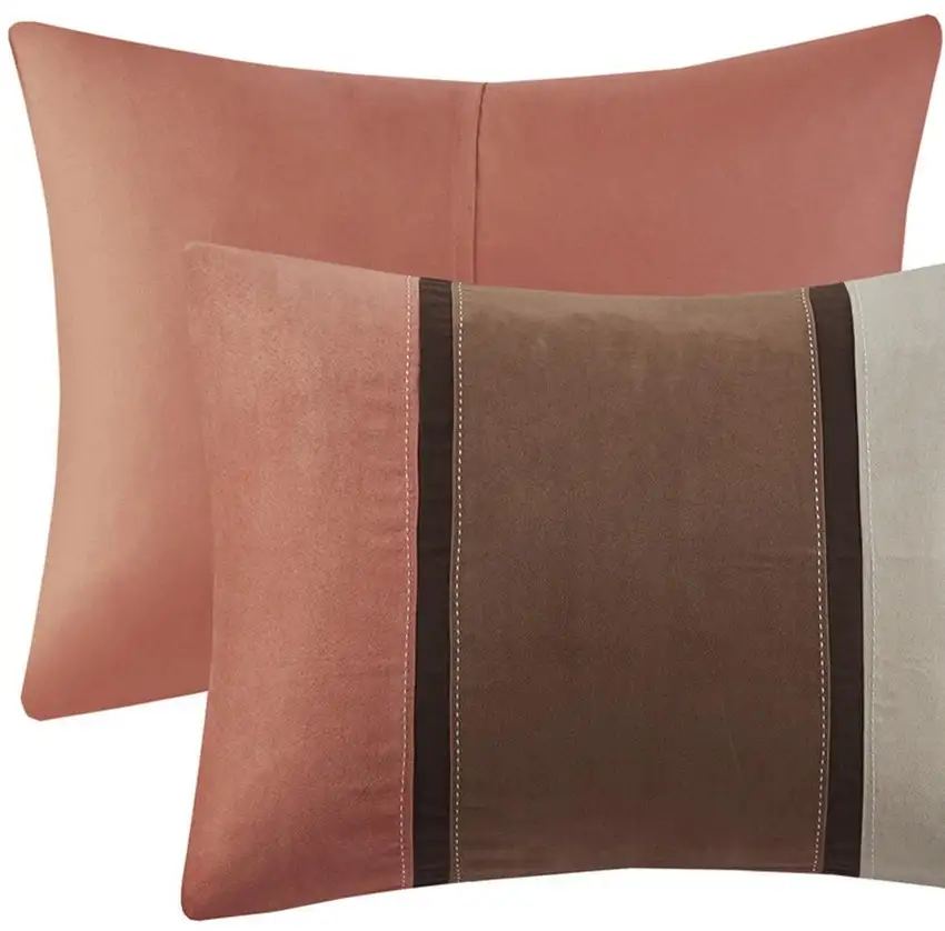 Set of Seven Coral And Brown Striped King Ring Stitch Polyester Sham And Comforter Photo 7