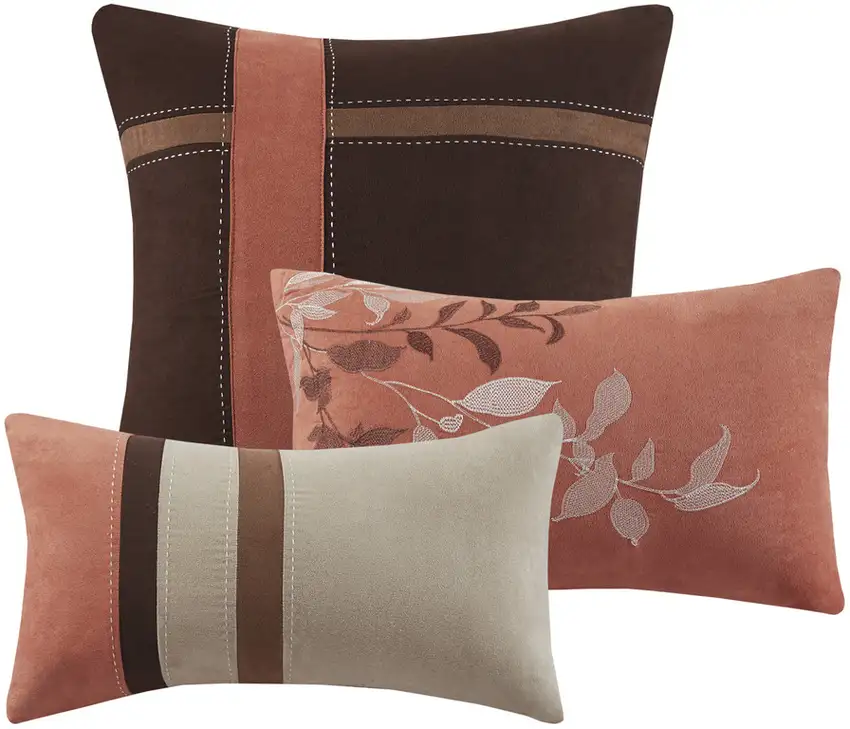 Set of Seven Coral And Brown Striped  Ring Stitch Polyester Sham And Comforter Photo 4