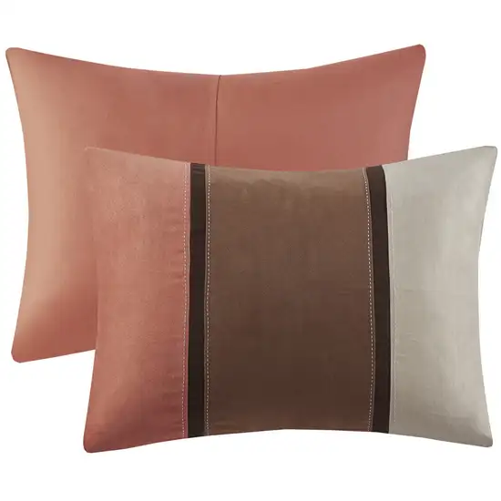 Set of Seven Coral And Brown Striped  Ring Stitch Polyester Sham And Comforter Photo 3