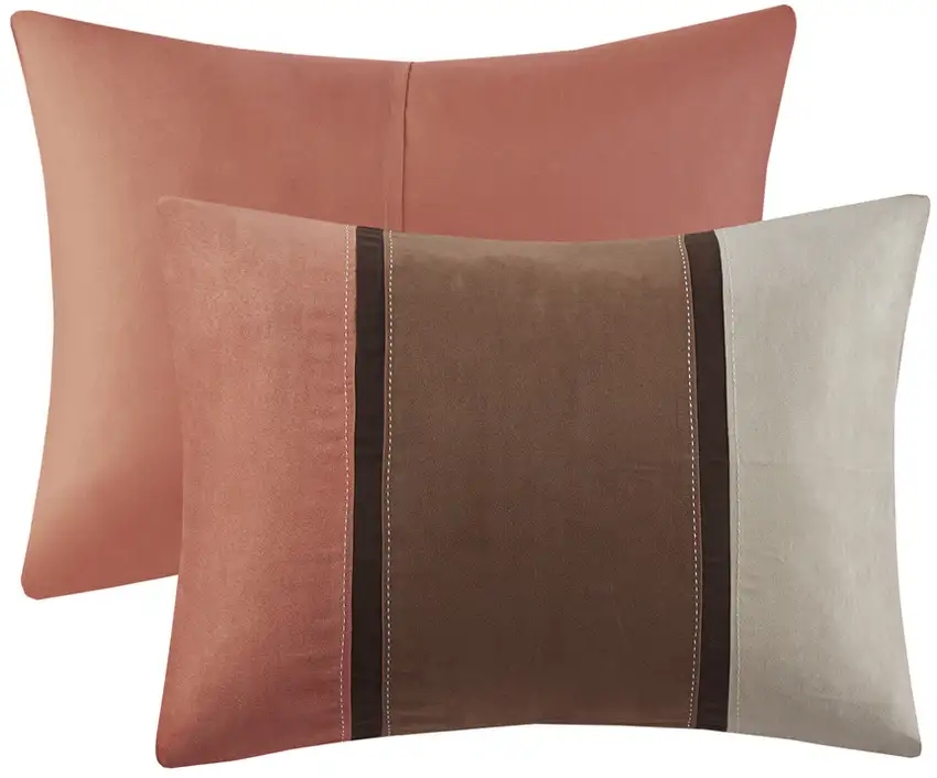 Set of Seven Coral And Brown Striped King Ring Stitch Polyester Sham And Comforter Photo 3