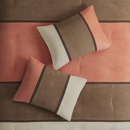 Set of Seven Coral And Brown Striped King Ring Stitch Polyester Sham And Comforter Photo 8