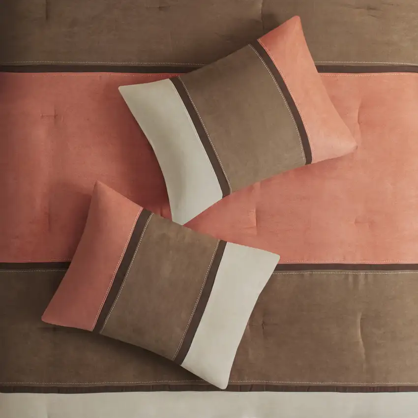 Set of Seven Coral And Brown Striped King Ring Stitch Polyester Sham And Comforter Photo 8