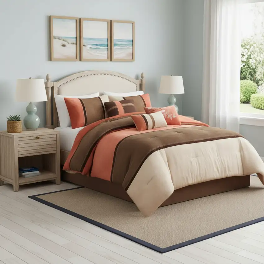 Set of Seven Coral And Brown Striped  Ring Stitch Polyester Sham And Comforter Photo 1