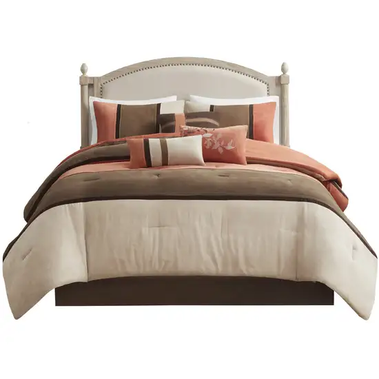 Set of Seven Coral And Brown Striped  Ring Stitch Polyester Sham And Comforter Photo 2