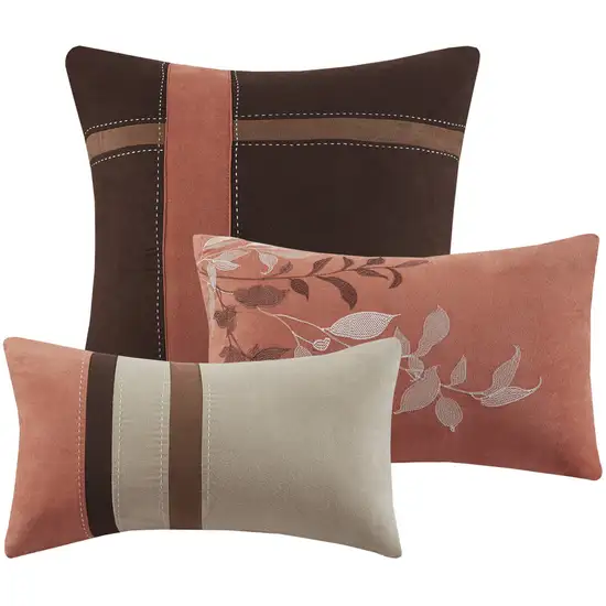 Set of Seven Coral And Brown Striped King Ring Stitch Polyester Sham And Comforter Photo 4