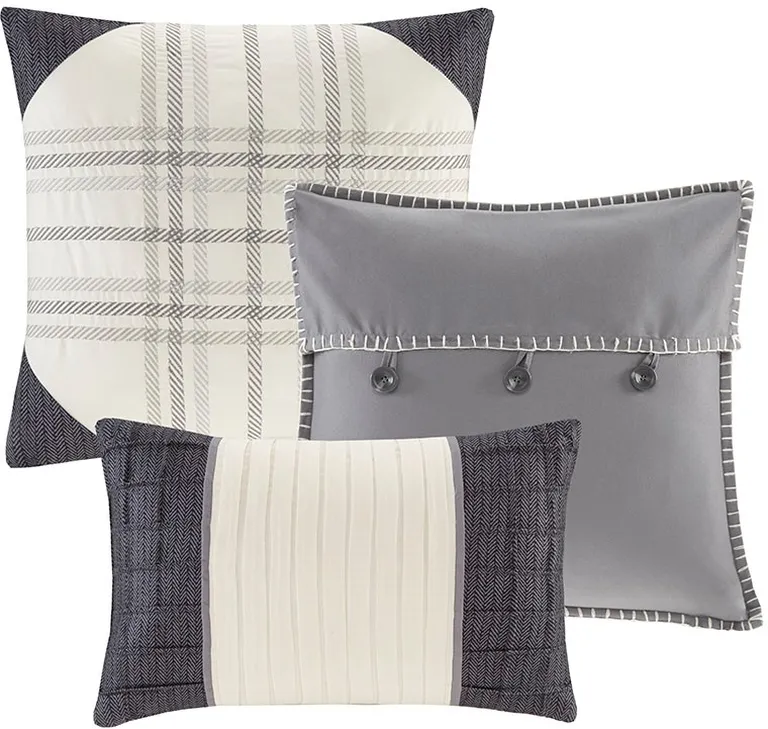 Set of Seven Gray And Ivory Plaid King Ring Stitch Polyester Sham And Comforter Photo 3