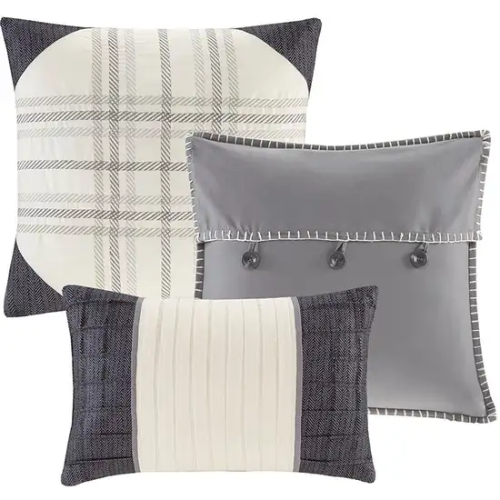 Set of Seven Gray And Ivory Plaid King Ring Stitch Polyester Sham And Comforter Photo 3